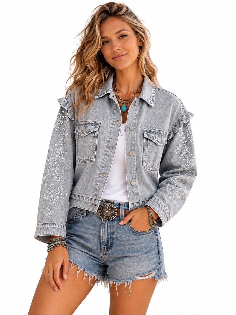 Broadway 38 Cropped Embroidered Denim Jacket Light Gray Size L NWT